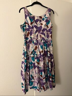 Carole Little 10 Floral pleated Cotton Sundress Purples Teal Fit & Flare preppy